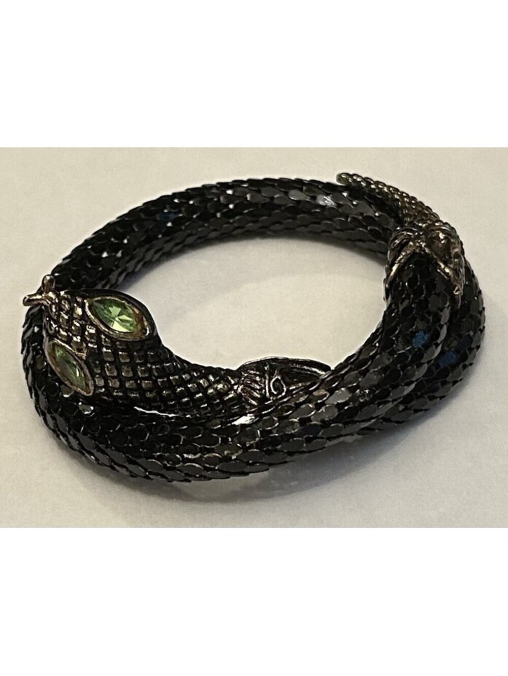 Snake Bracelet, VTG Butler & Wilson – Black Coil Wrap with Green Rhinestone Eyes